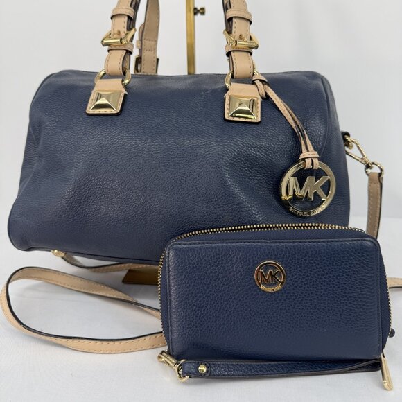 MICHAEL KORS Greyson Med Satchel and BRAND NEW Wallet Set in Blue - Picture 1 of 12